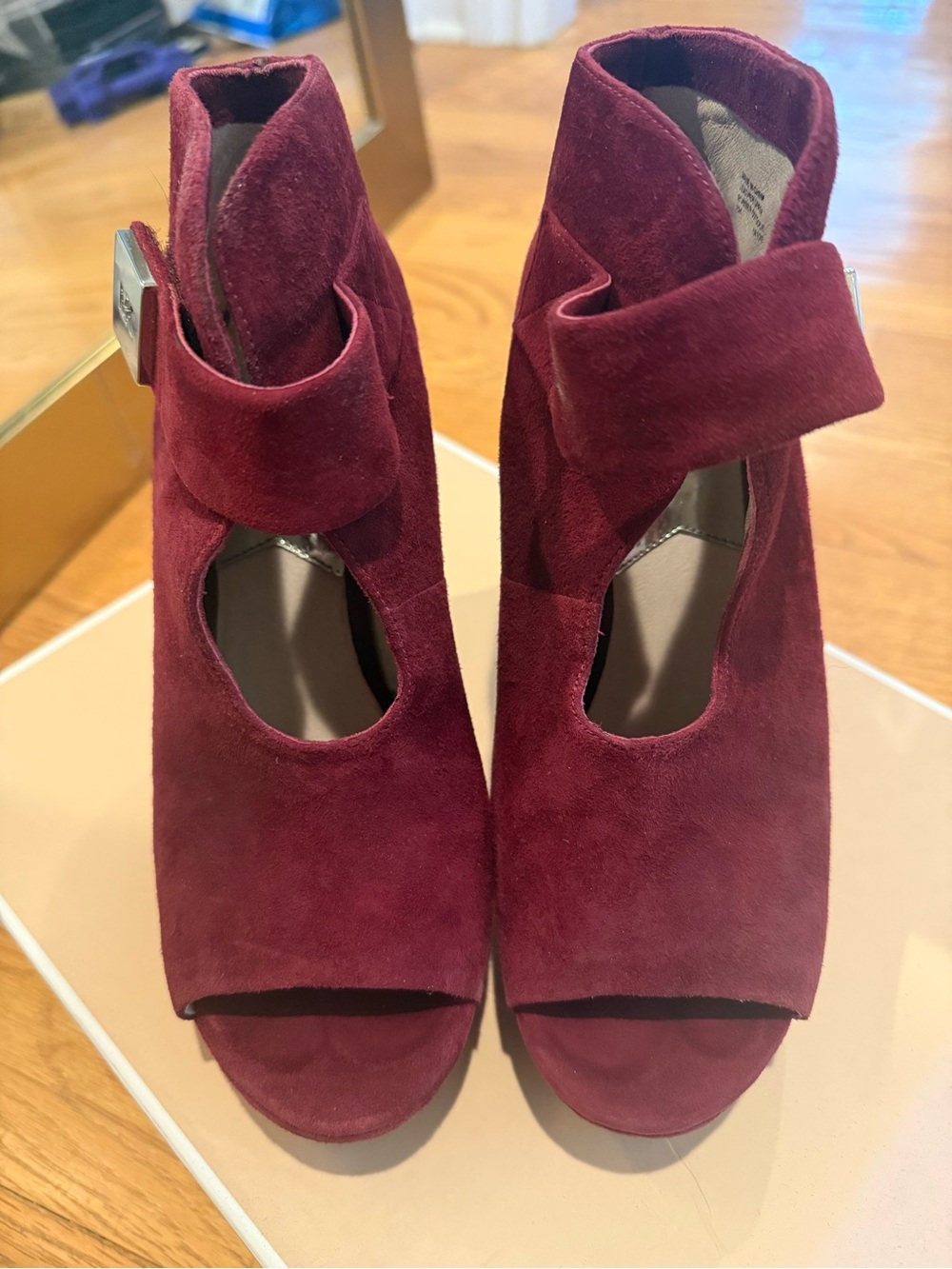 MICHAEL by Michael Kors Suede Open-Toe Ankle Booties in Burgundy- Size 7
